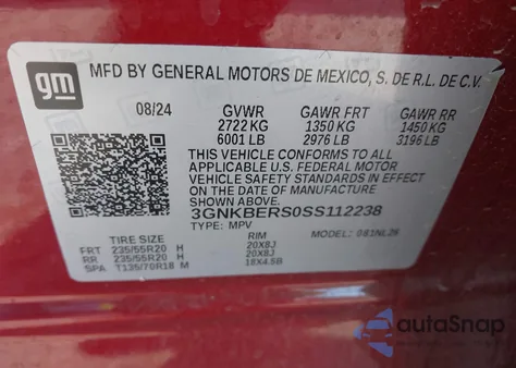 2025 Chevrolet Blazer Fwd Rs из США, поврежденный, VIN 3GNKBERS0SS112238